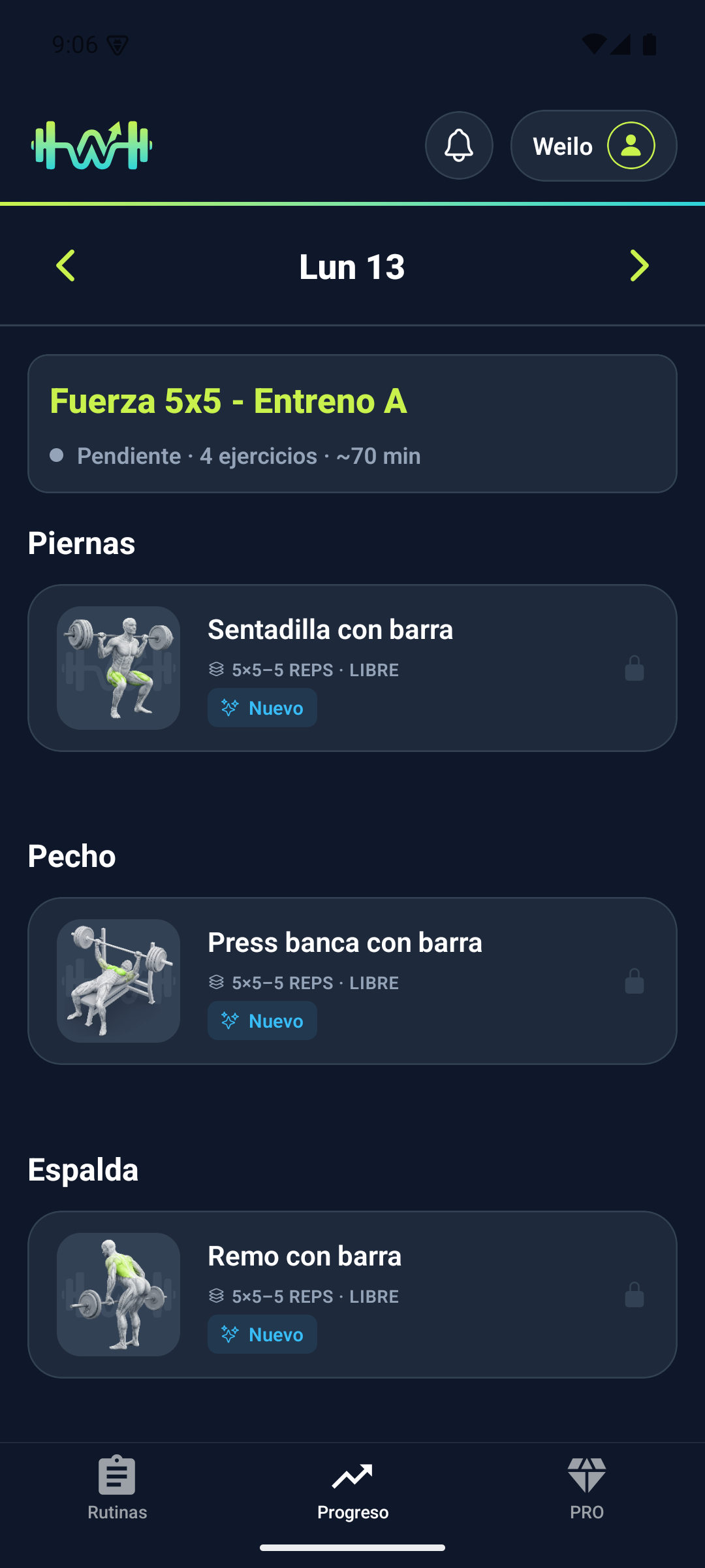 Vista diaria de entrenamiento en Weilo