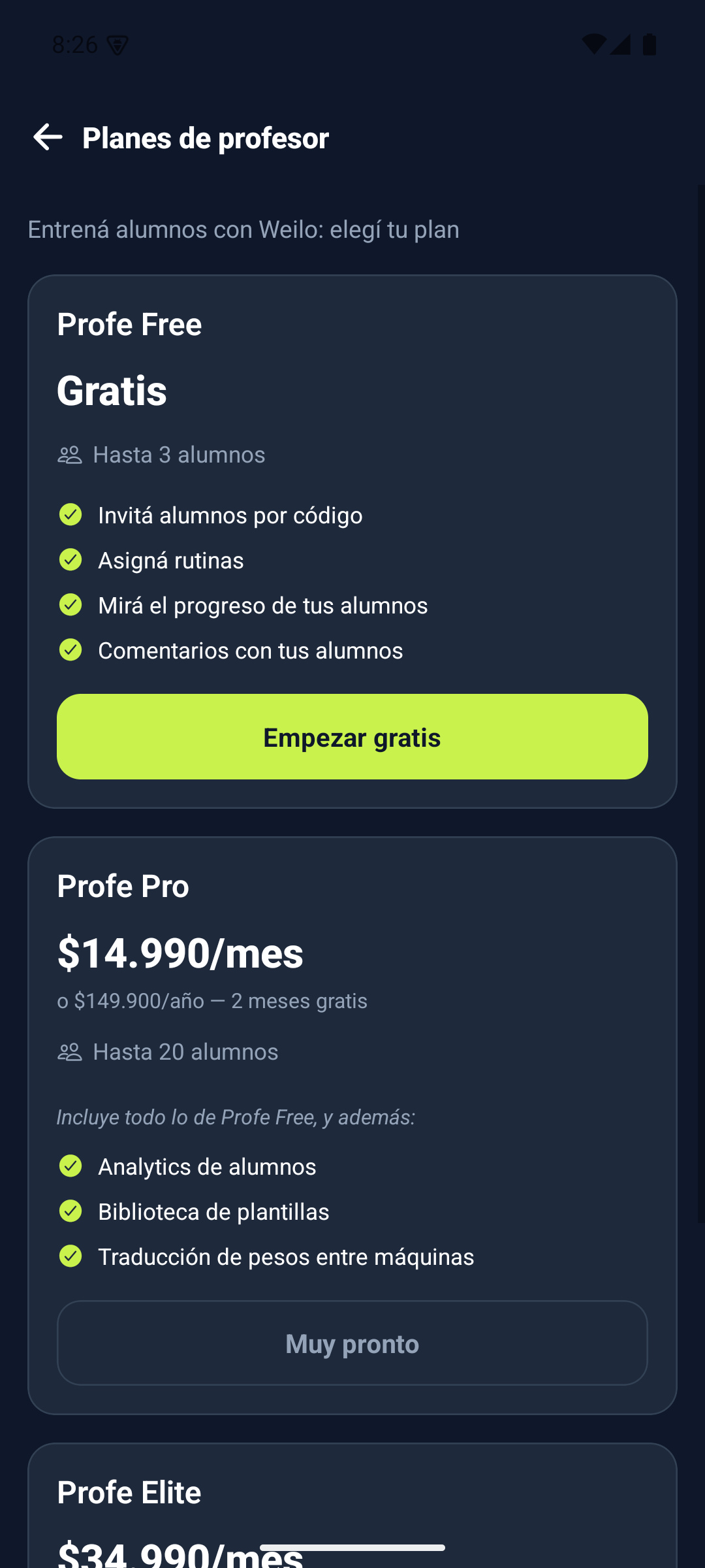 Planes de profesor en Weilo